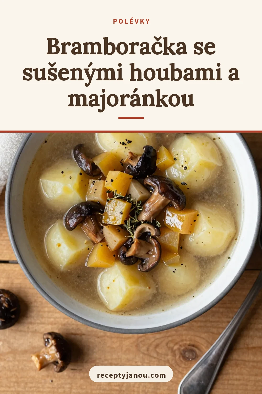 Bramboračka se sušenými houbami a majoránkou
