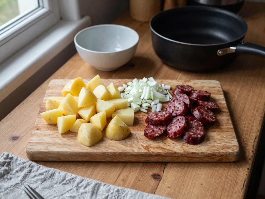Nakrájené brambory, cibule a klobása