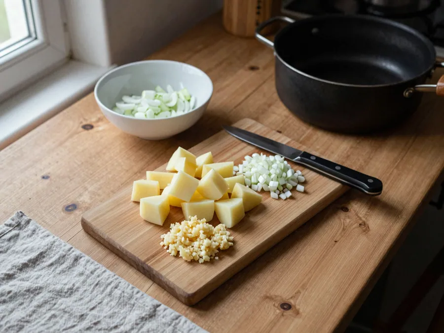 Nakrájené brambory, cibule a česneková pasta