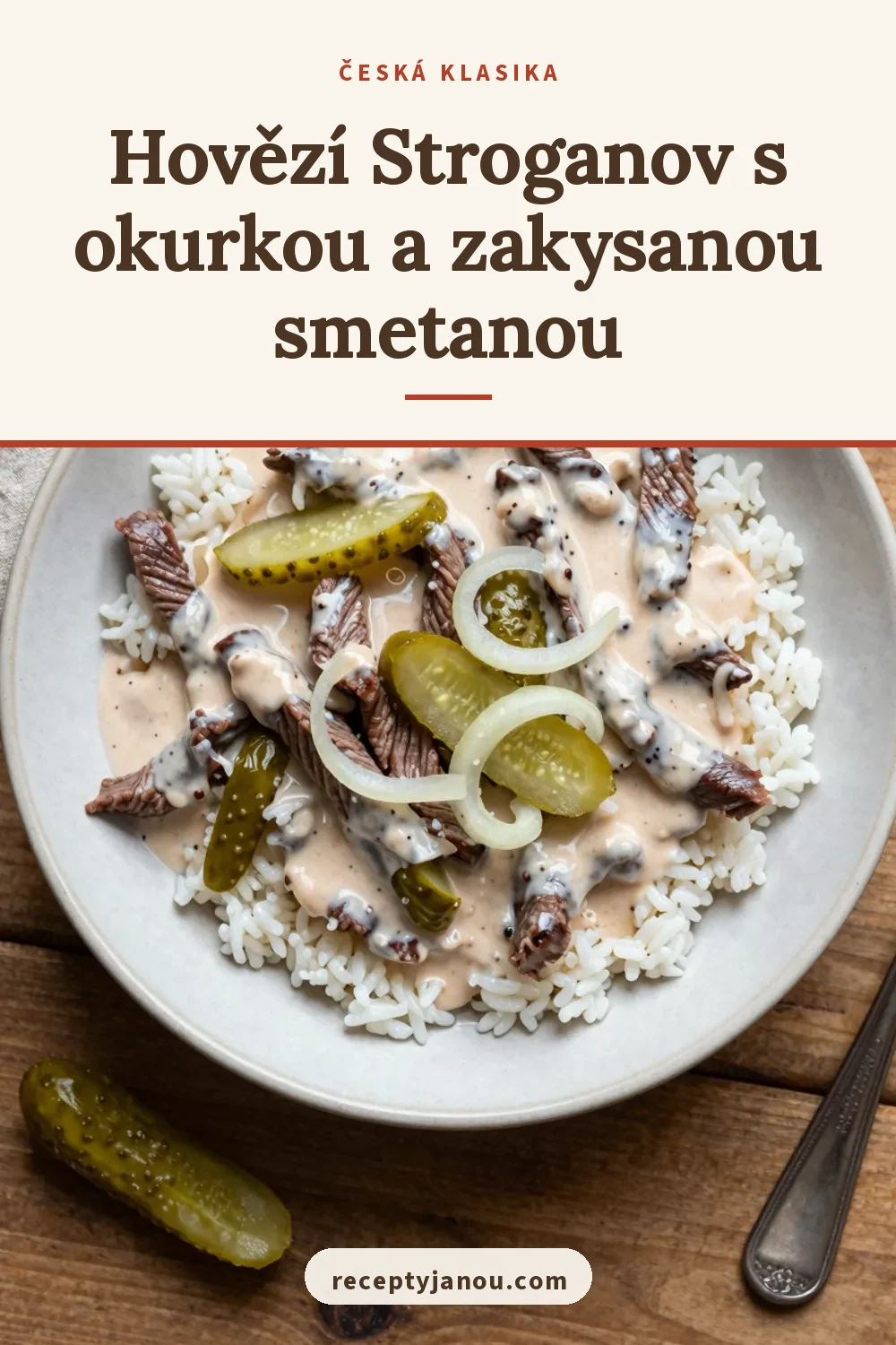 Hovězí Stroganov s okurkou a zakysanou smetanou