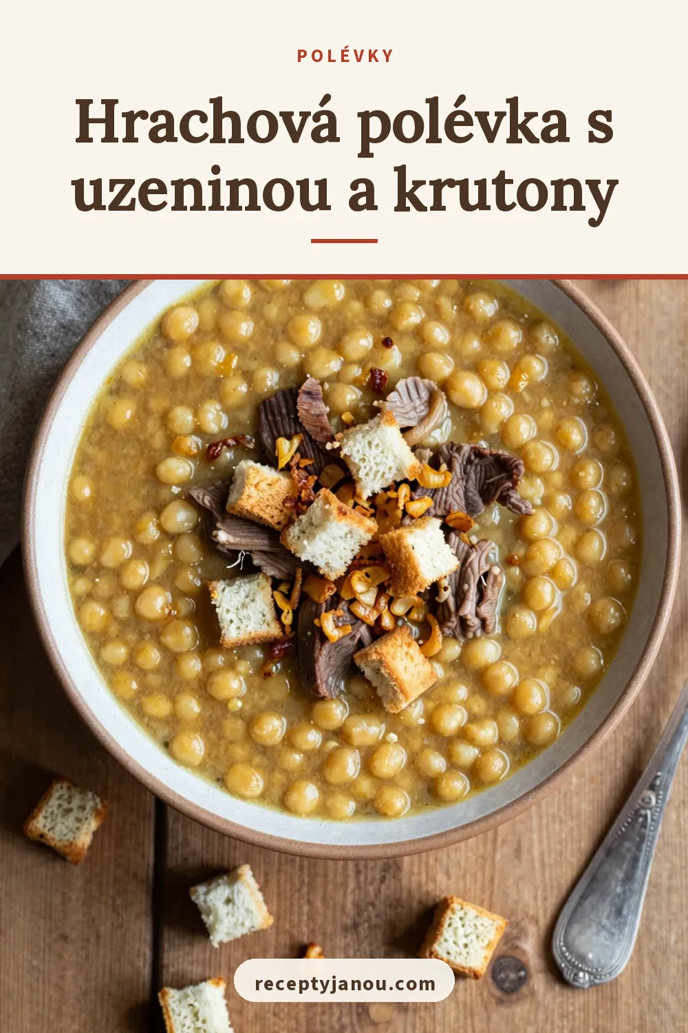 Hrachová polévka s uzeninou a krutony