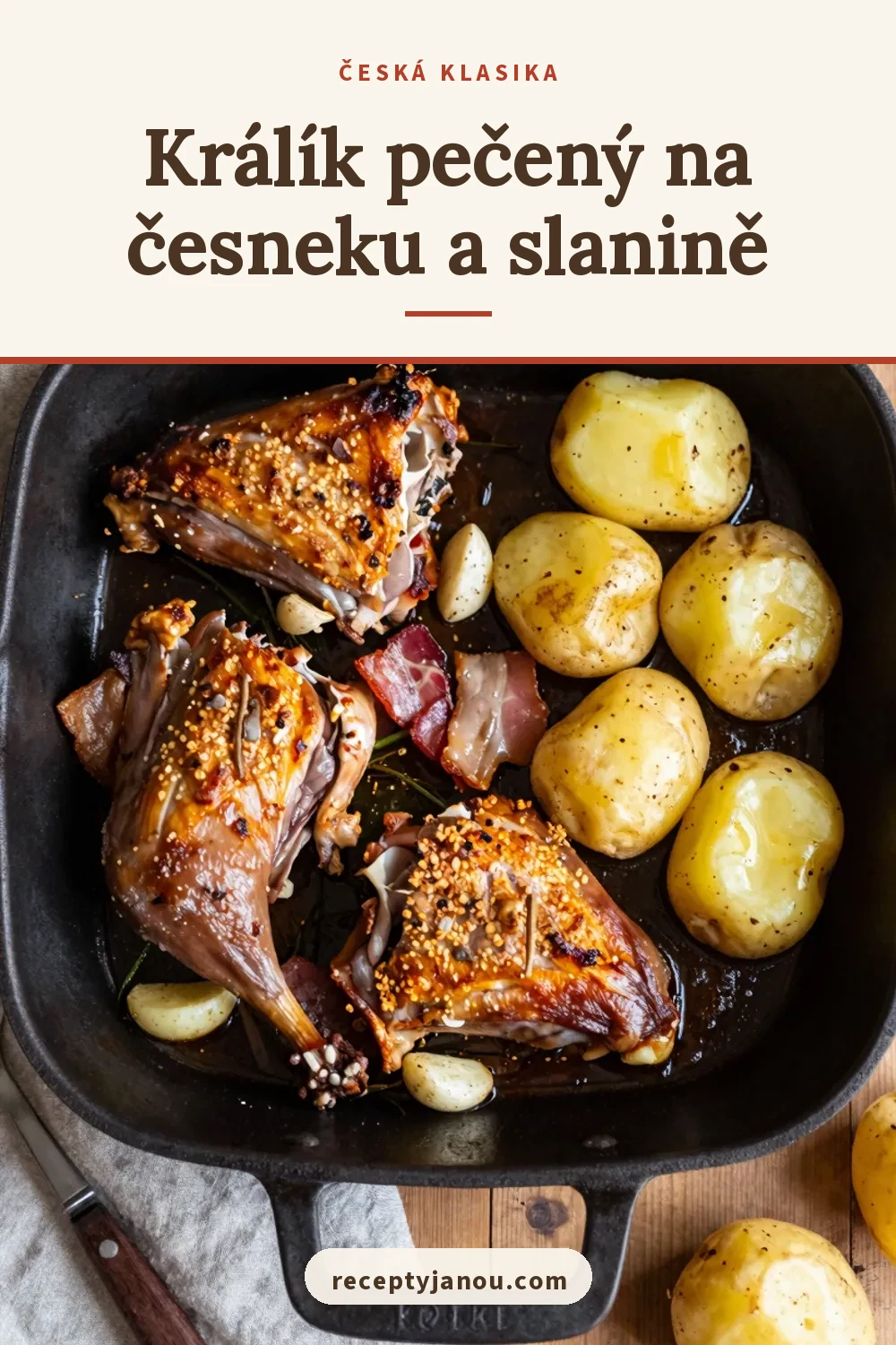 Králík pečený na česneku a slanině