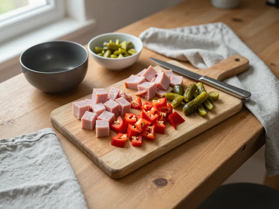 Šunka, paprika a okurky nakrájené